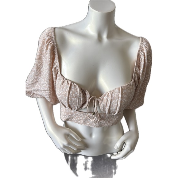 NWT Petal & Pup Floral Crop Top Puff Sleeve Tie Front Beige Women's Size‎ L - Picture 7 of 13